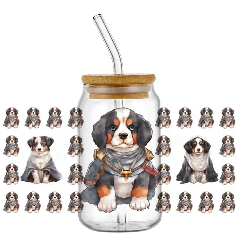 Lovely Pet Puppy UV DTF Cup Wraps 16oz Libbey Glass Can Self‑Adhesive Waterproof Washable No‑Heat DIY Transfer Stickers for Cold