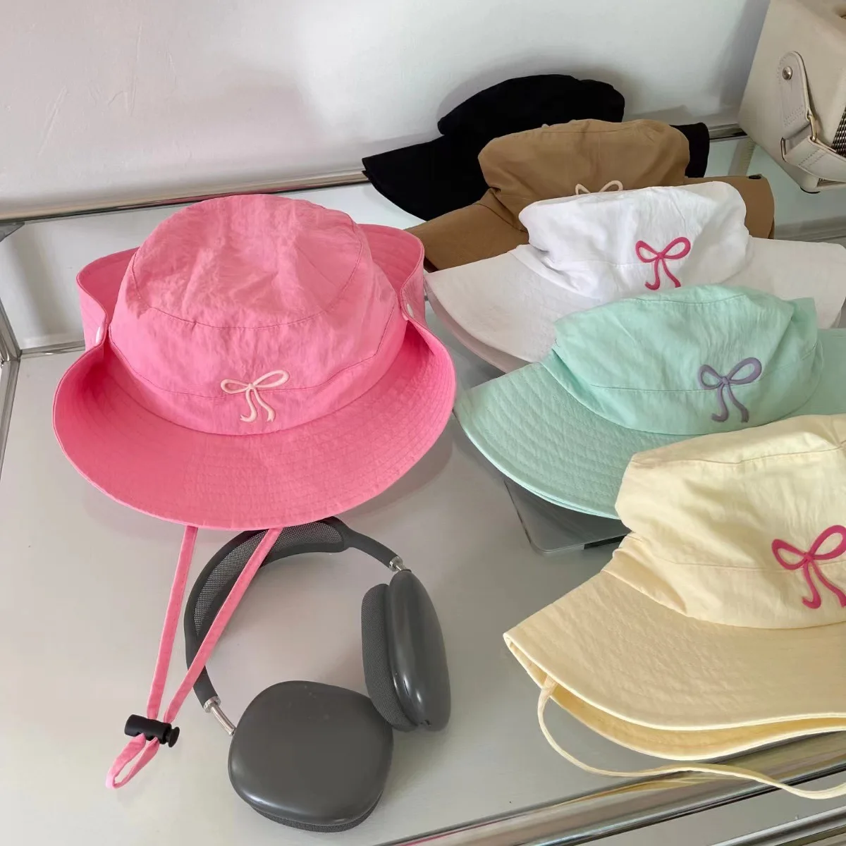 

Ladies' Bucket Hats Dopamine Korean Cute Bow Sweet Kawaii Bucket Hats Quickly Drying Summer Outdoor Big Brim Sun Hats For Girl