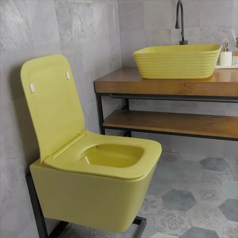 

z Factory Modern Bathroom Italian Matt Yellow Cream Ceramic Bowl Basin Wall Mounted Hung Toilet Suite With Concealed Tank