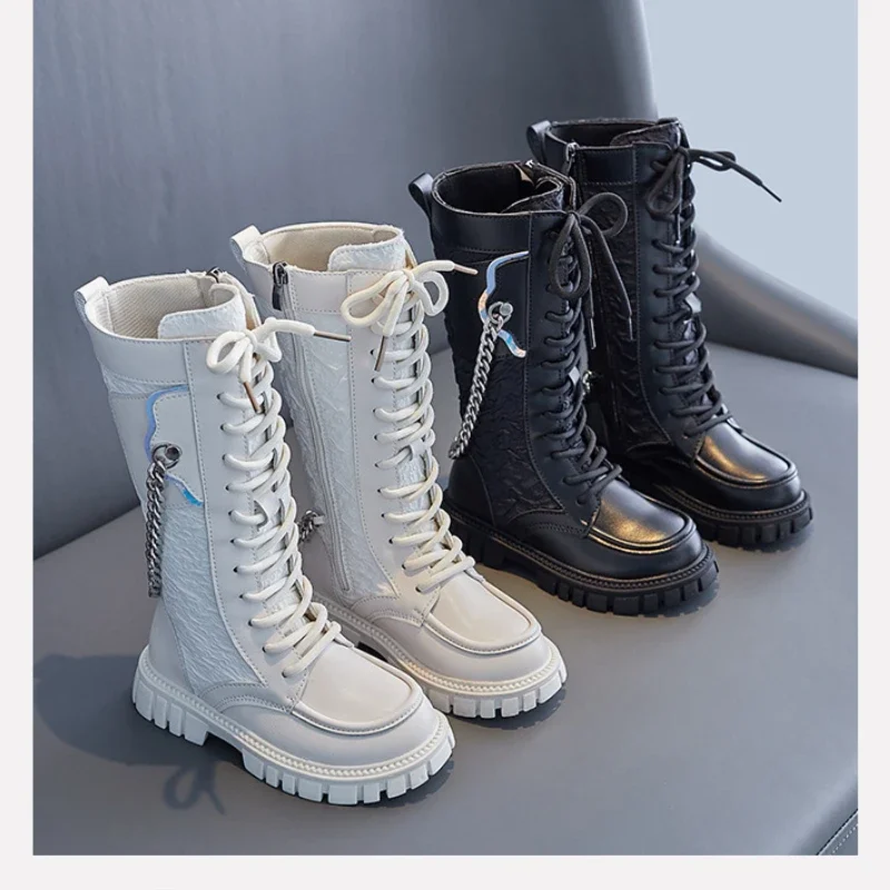 

New Brand Kids High Boots Girls Casual Shoes Fashion Chain Children Princess Mid-calf Soft Leather Riding Boots Bota Feminina