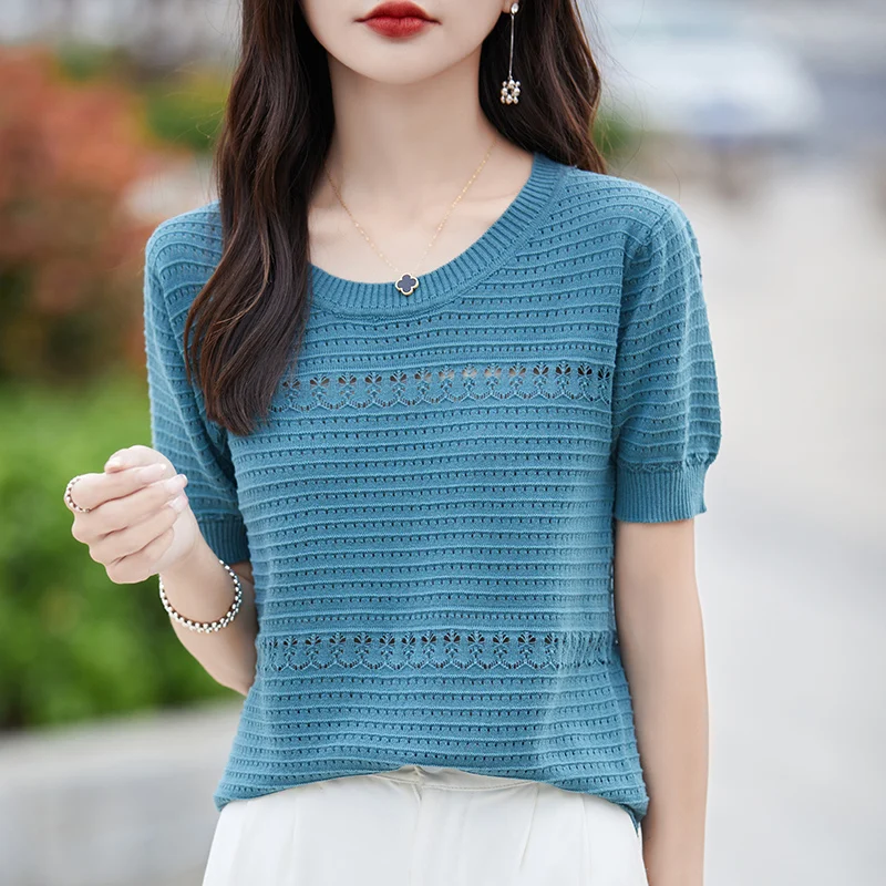 Women\'s T-shirt Summer 100% Cotton Sweater Short Sleeve Fashion Knitted Round Neck Ladies Tops Loose Blouse Pullover Hollow Tees