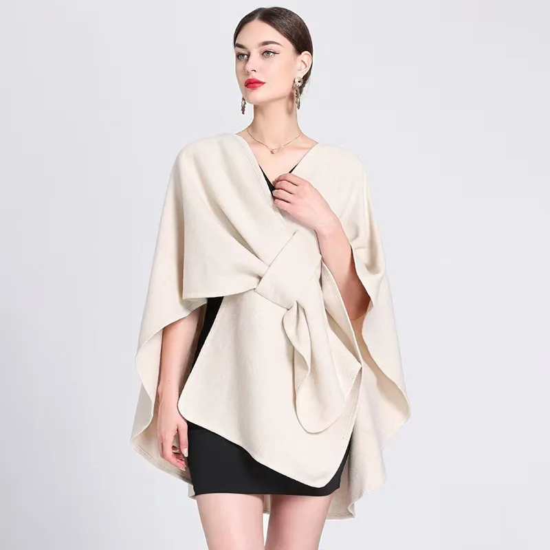 Fashion Side Strap Soft Wool Blends Poncho Cape Coat Autumn Winter Women Cardigan Shawl Cloak