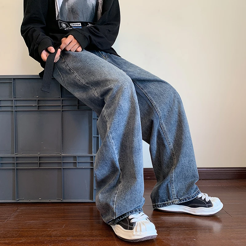 2023 Autumn New Blue Solid Simple Jeans With Belt Male Casual Mopping Denim Pants Men Oversized Zipper Wide Leg Jean Pants