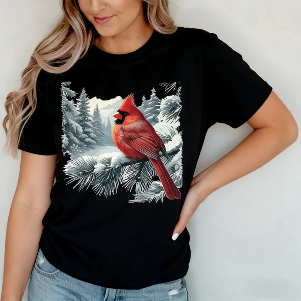 Red Cardinal Tshirt Retro Bird Lover Crewneck Shirt Winter Snowy Forest Cardinal Graphic Tee Women Cotton Tops Nature Lover Wear