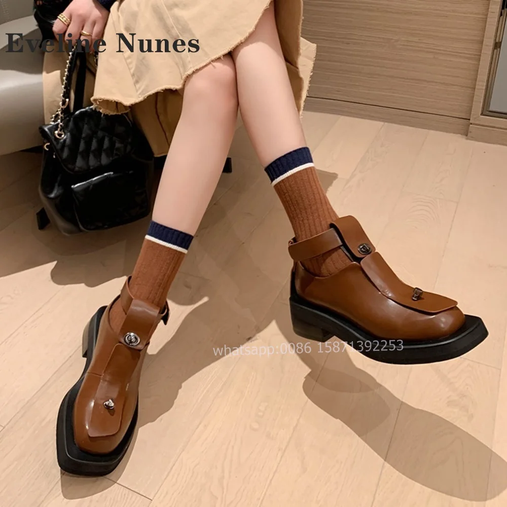 Women Pumps Rivet Belt Buckle Square Toe Split Leather Metal Decoration Platform Height Increasing Oxford Shoes Spring Casual