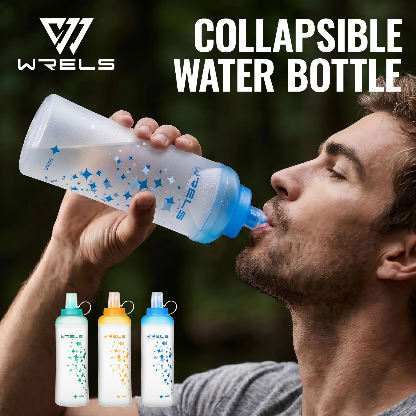 WRELS Collapsible Water Bottle Soft Flask Leak Proof BPA Free Hydration Bottle Ultralight Running Hiking Cycling Squeeze Bottle
