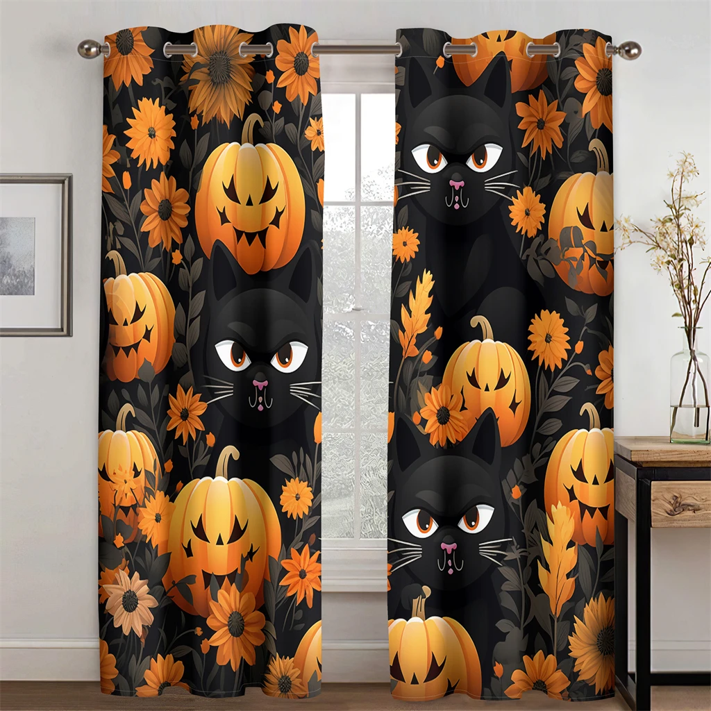 2 Piece Pumpkin Head Curtain Yellow Black Horror Curtain Halloween Living Room Kitchen Balcony Bedroom Decor Fashion Blackout