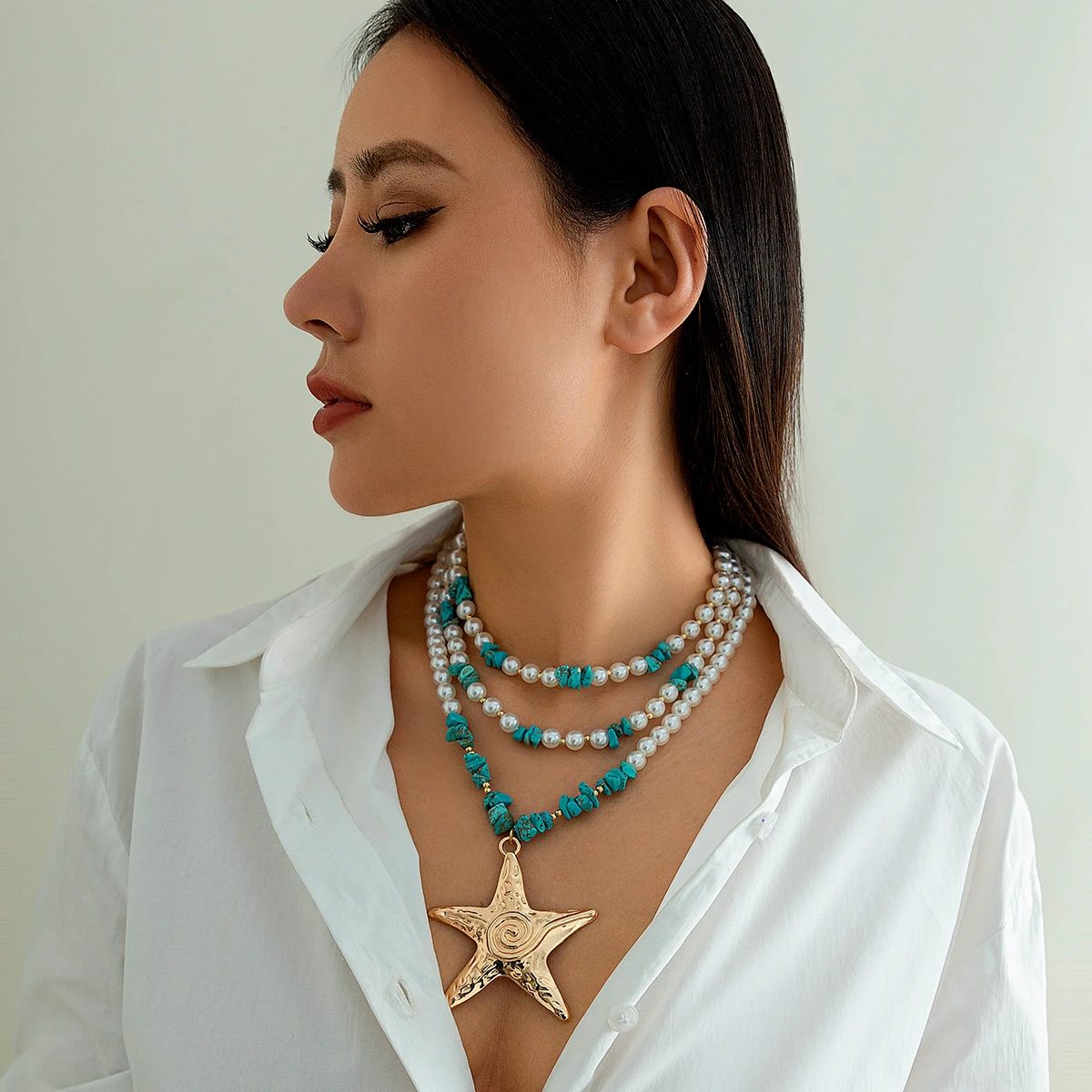 Women's Sea Star Pendant Imitation Pearl Turquoise Necklace Fashionable Small Design Summer Accessory for Runway Models