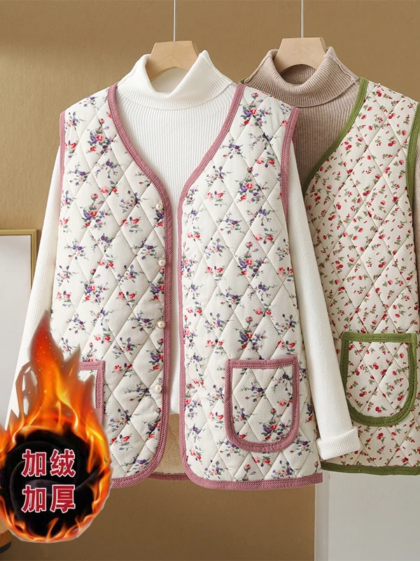 

Женский жилет на подкладке с цветочным принтом, внутренняя теплая верхняя одежда, многослойная верхняя одежда, винтажная универсальная пушистая отделка, осень-зима