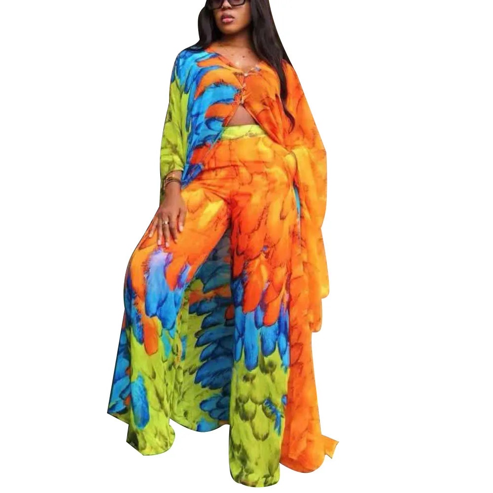 Chiffon maxi longo superior poliéster calças femininas definir roupa de viagem solto duas peças moda ampla senhora terno estilo africano conjuntos