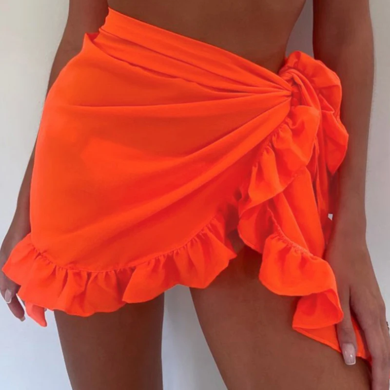 Mesh Mini Ruffle Women Wrap Short Beach Cover Up Skirts Sexy Swimsuit Bikini Chiffon Pareo Sarong Thin Transparent Sheer Skirt