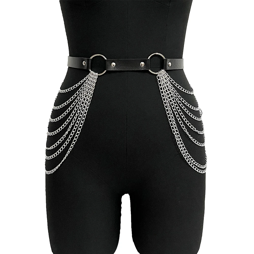 حزام مزخرف من الجلد بسلسلة سوداء للسيدات مع حزام تسخير قابل للتعديل، تواريخ الأزواج اليومي، حفلات العطلات، إكسسوارات الجسم #5