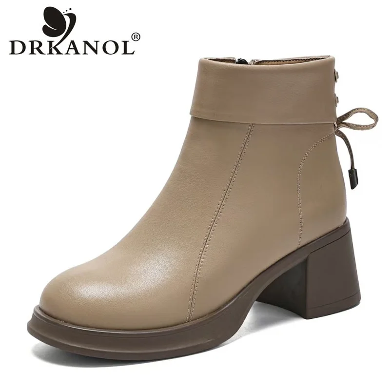 

DRKANOL Women High Heel Ankle Boots 2025 Autumn Winter Plush Warm Shoes Round Toe Cowhide Thick Heel Casual Zipper Short Boots