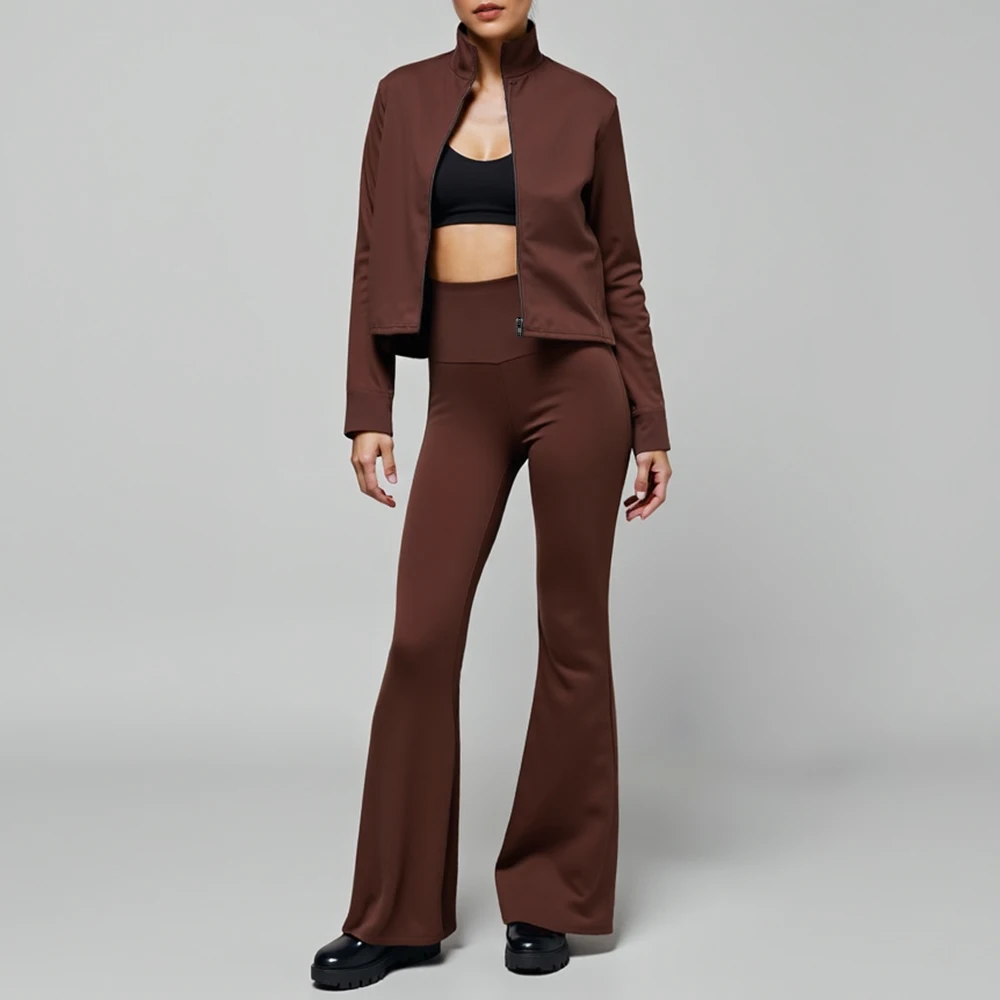 Mia Muse Damessets Herfst Dagelijks Eenvoudig Rits Effen Lange mouwen Opstaande kraag Hoge taille Bell-Bottoms Volledige lengte Casual sets