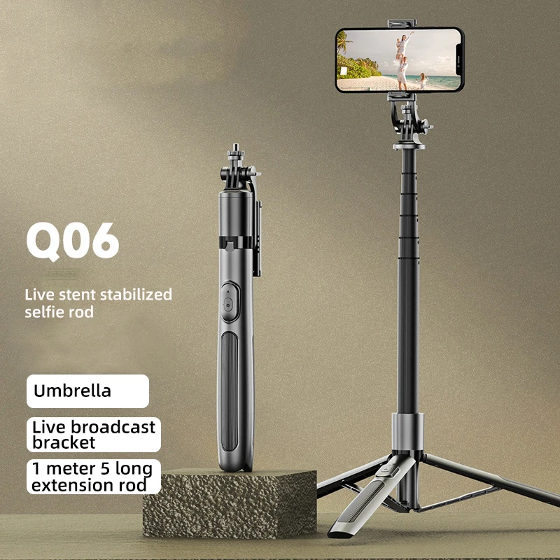 Support Q06 pour la diffusion en direct, perche à selfie Bluetooth, alliage d'aluminium allongé, trépied multifonctionnel intégré, photographie au sol