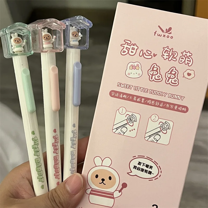 3pcs/set Cute Cartoon Gel Pen for Kids Girl Kawaii Animal Bear Bunny Stationery Gel Pen 0.5mm Black Ink Pen for Writing Student