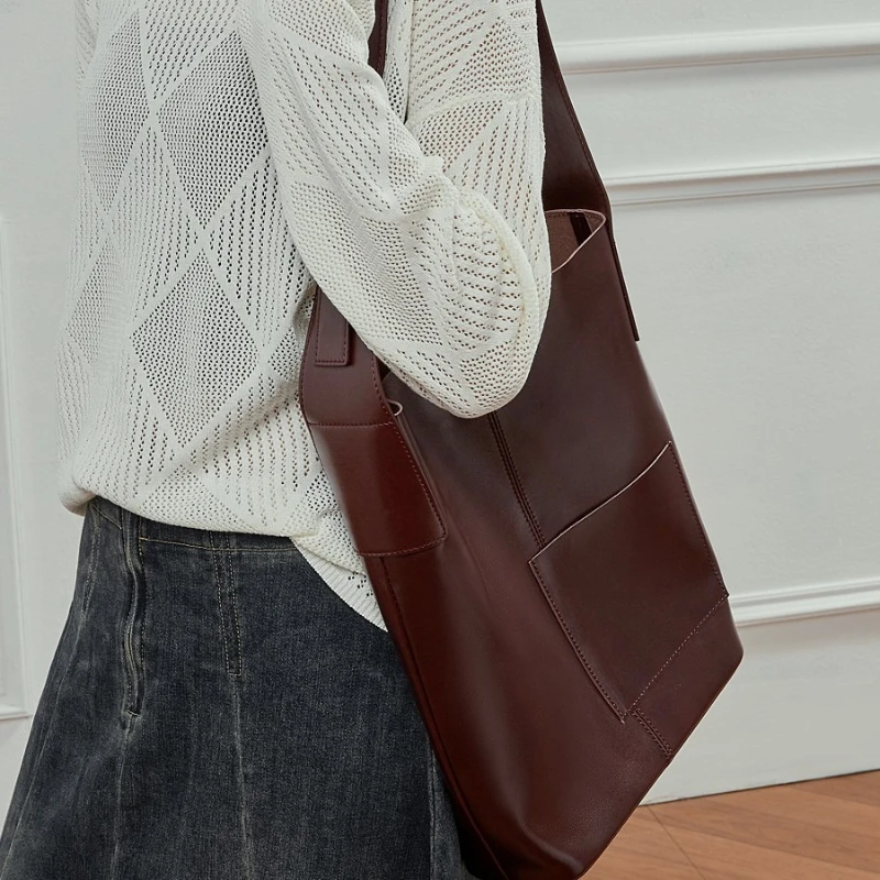 

100% Cowhide Genuine Leather Bucket Tote Shoulder Bags for Women 2026 Luxury Designer Shopping Hobos Work Ladies Handbags