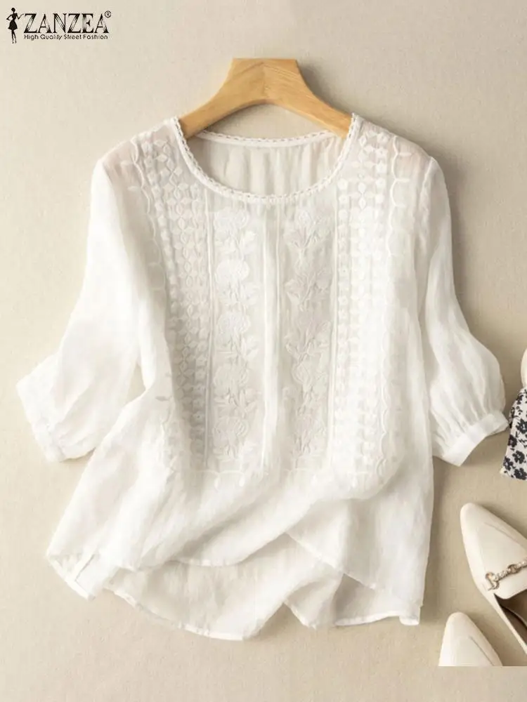 Vintage Shirts ZANZEA Summer Lace Crochet Blouse Women 3/4 O Neck Sleeve Tops Embroidery Blusas Femme Causal Cotton Chemsie