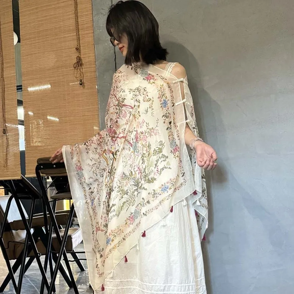 Bufanda Floral dulce y transpirable para mujer, chal grande fino con botones de rana, pañuelo largo ligero con protección solar, decoración para el cuello