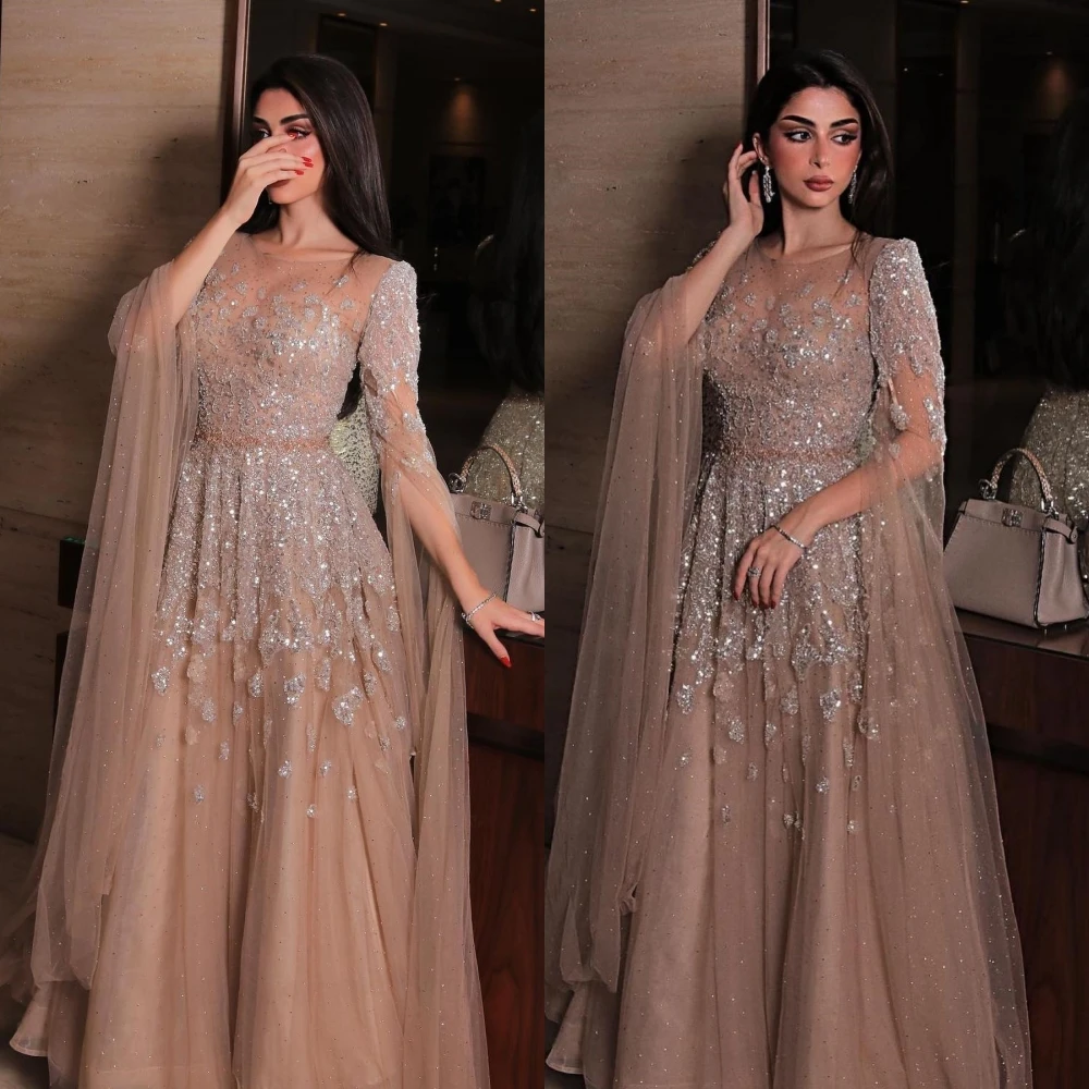 Customized Intricate Sparkle Jewel A-line Party Dresses Beading Paillette / Sequins Organza Evening Saudi Arabia
