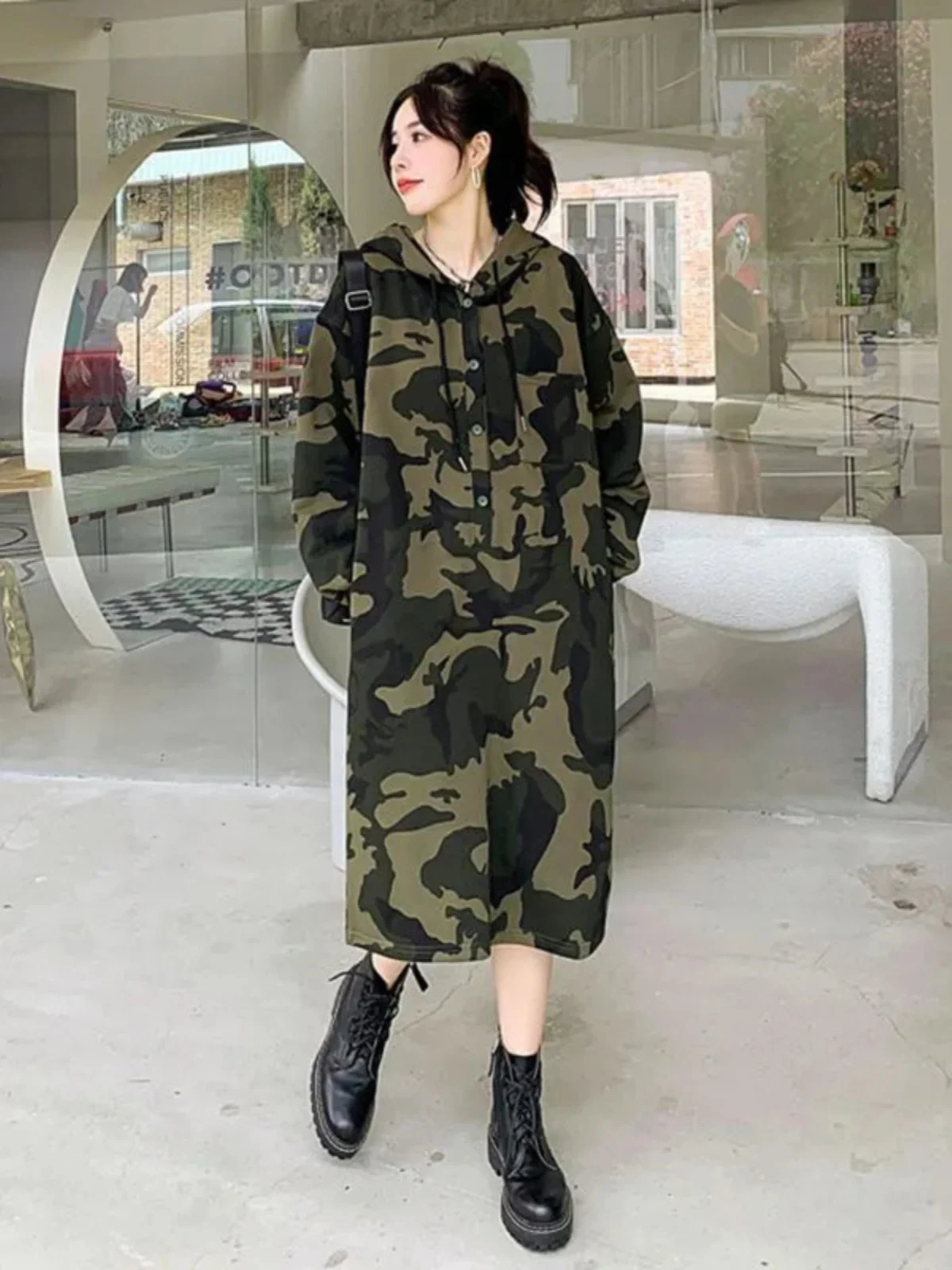 

plus Size Camouflage Hooded Dress Knee-Length Casual Loose Slimming Autumn Long Sleeve Women's Fashion Korean Style A-Line Skirt