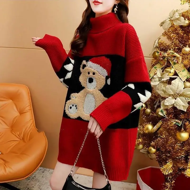 

Women Fashion Office Lady Knitted Sweater Fall Winter Christmas Turtleneck Thick Warm Color Blocked Vintage Loose Lazy Style Top