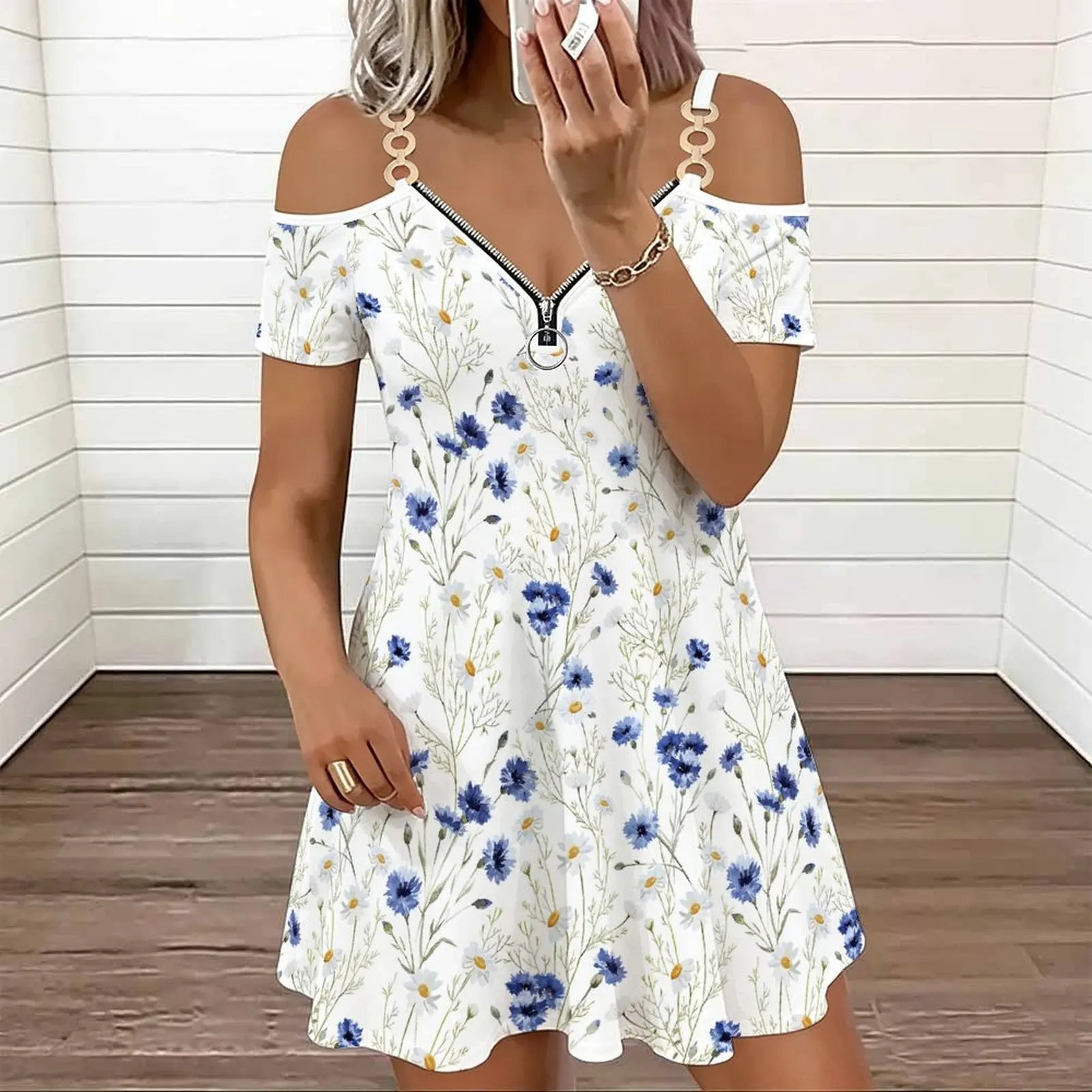 Retro Fashion Cold‑shoulder Double Strap V‑neck Zipper Ladies Mini Skirt Spring Summer Casual Dress Beach Vacation Party Dress