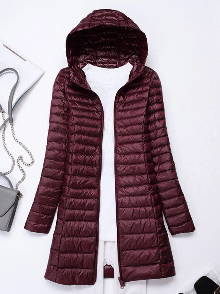 Casacos ultraleves femininos, casacos de penas finas com capuz, estilo coreano, parkas puffer feminino, casaco feminino, novo, outono e inverno, 2023