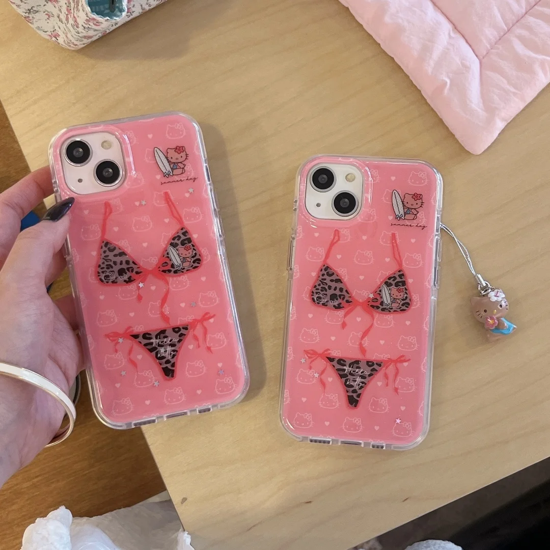 

Leopard print Bikini Hello Kitty mini Pendant Phone Case For Iphone 16 Pro Max 15 14 13 12 Pro Max 14 15 Plus Anti fall Cover﻿