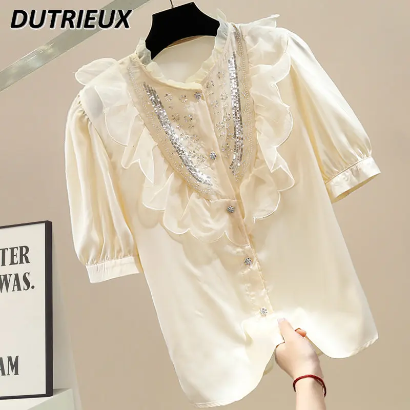 

Heavy Industry Beaded Sequin Fashion Contrast Color Sweet Organza Wooden Ear Patchwork Retro Puff Sleeve Single-Breasted Shirt