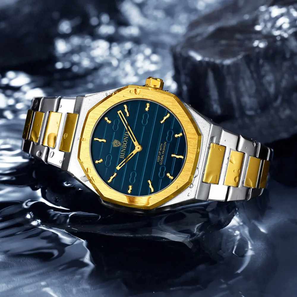 Jam Tangan Pria Bisnis Jam Tangan Kuarsa Modis Pria Tahan Air Kelas Atas Mewah Ringan Serbaguna Ultratipis Strip Baja Emas Retro