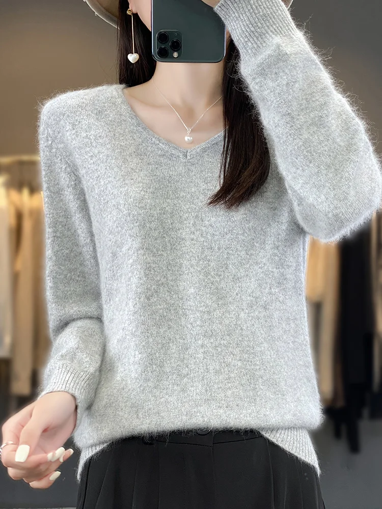 2024 New Women Basic V-neck Pullover Sweater 100% Mink Cashmere Long Sleeve Cashmere Knitwear Autumn Winter Odzież Damska Tops