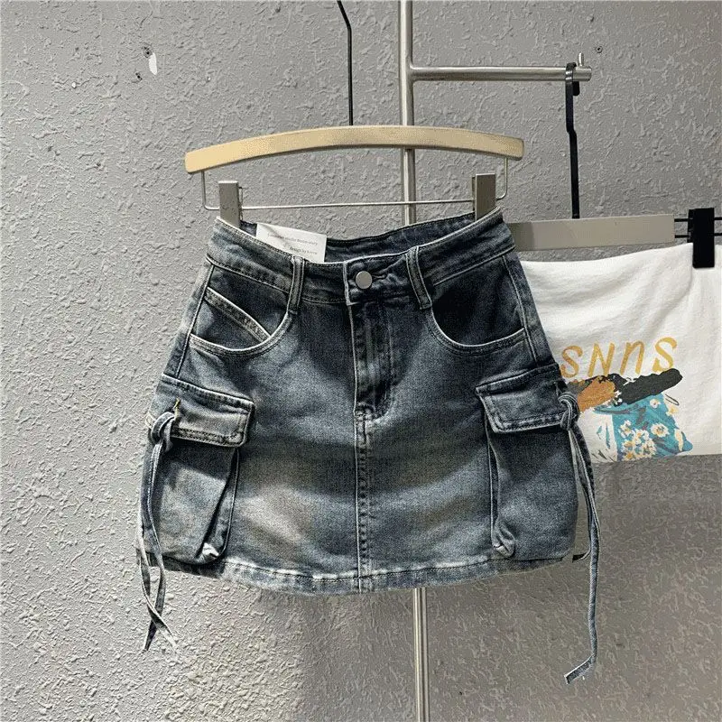 Saias jeans femininas com botão de zíper, saias de carga com bolsos, mini saias sexy A-Line Jean, streetwear feminino