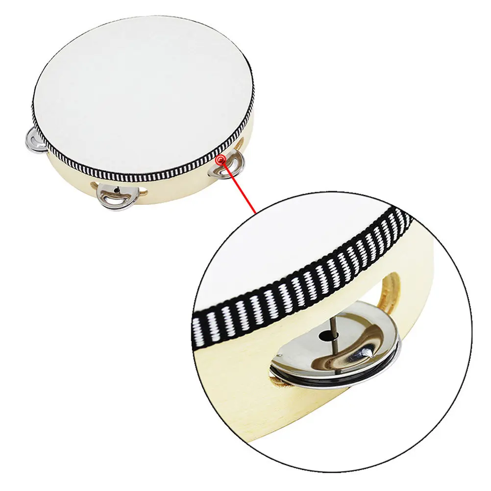 10-inch Handheld Sheepskin Tambourine with Metal Jingles, Birch Wood Frame, Portable Percussion for Parties & KTV