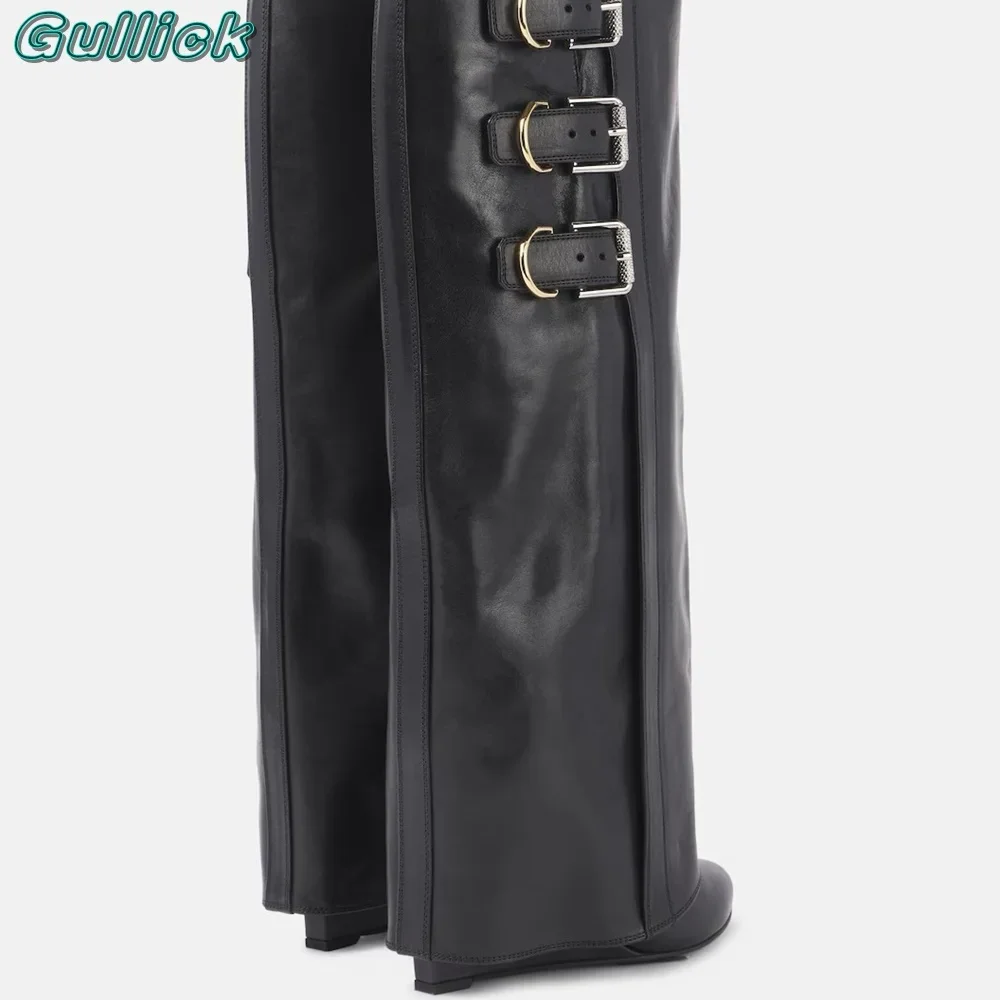 Shark Lock Buckle Boots Pointed Toe Black Leather Knee-High Boots Height Increasing Women Spring Winter Boots 2024 New Trend