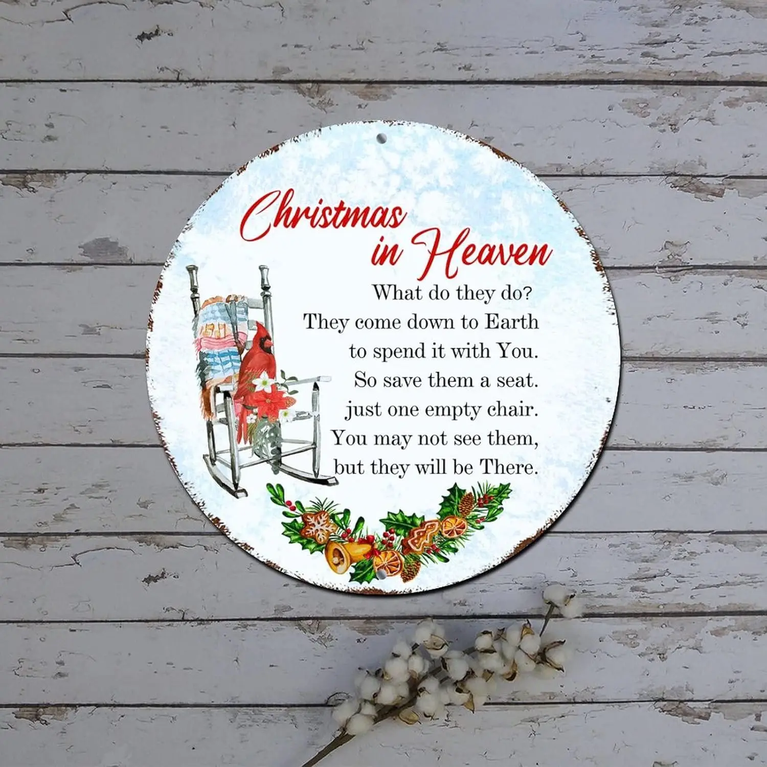 Christmas Wreath Signs Christmas in Heaven Cardinalis Quote Round Metal Tin Sign Christmas Cabinet Decorations Vintage Aluminum