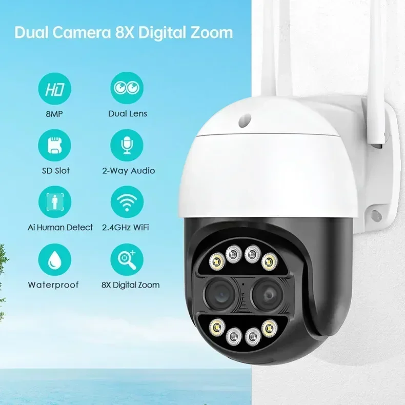 8MP 4K IP Wifi Camera Security CCTV Camera Dual-Lens Color Night Vision 4MP 2K 8X Digital Zoom IP66 Outdoor Surveillance Camera