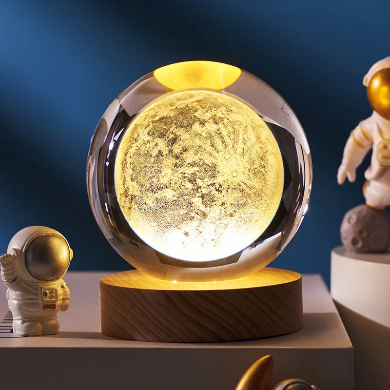 3D Laser Engraved Crystal Ball with Wooden LED Base Solar System Galaxy Astronomy Moon Astronaut Night Light Decor Gift 6/8cm