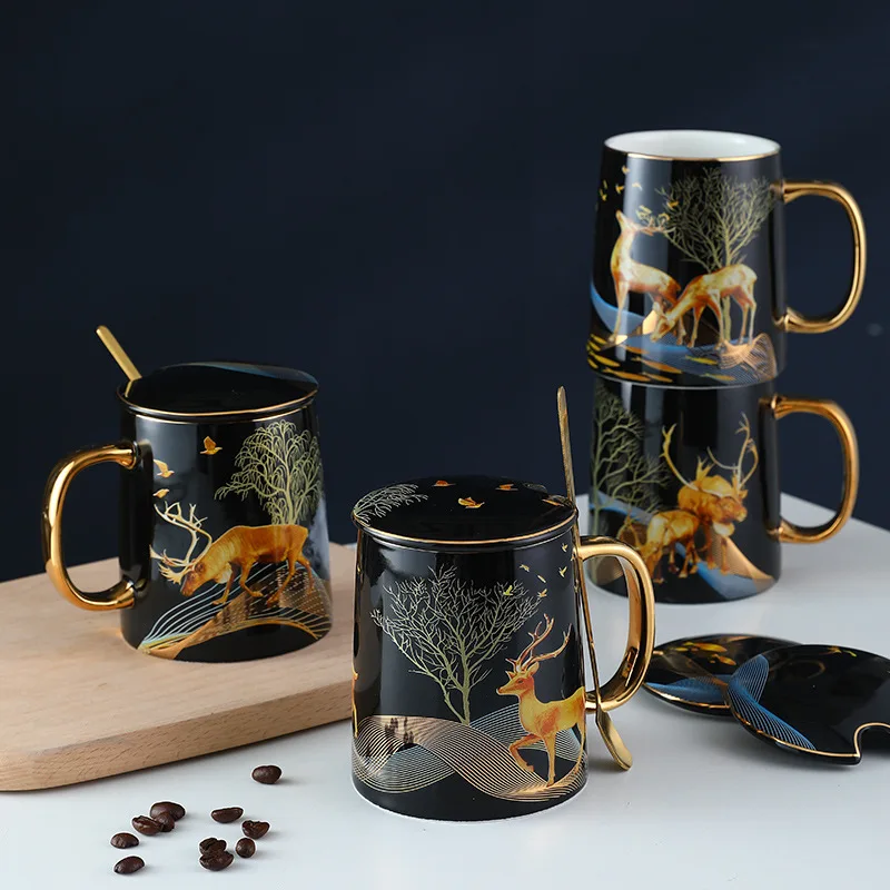 

400ml Luxury Ceramic Coffee Mug With Lid And Stir Spoon for Office and Home Funny Gifts Ideas for Couple Friends Friendship