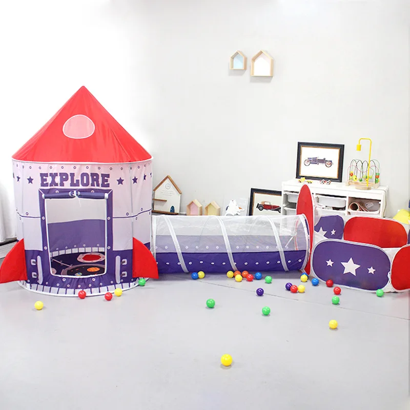 Tenda dobrável para crianças, casa de brincar interior, túnel de nave espacial, castelo de Yurt, brinquedo para meninos e meninas, conjunto 3 em 1