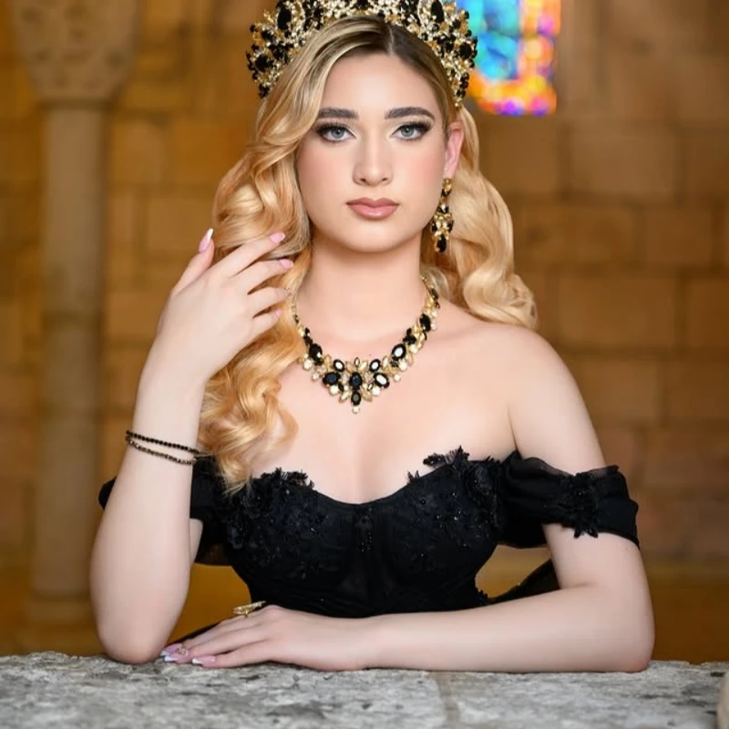 블랙 킨세아녜라 드레스 볼 가운 오프숄더 아플리케 레이스 비즈 튤 코르셋 파티 생일 스위트 16 드레스 베스티도스 15