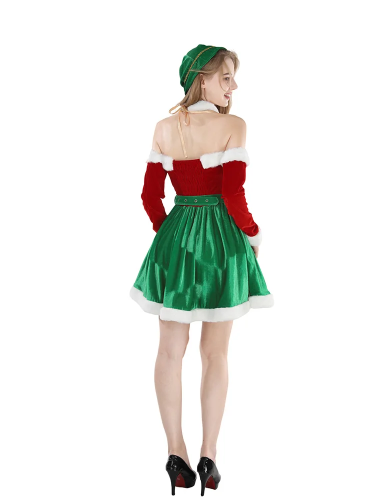 ROLECOS 2024 Sexy Christmas Dress Red Green Color Women Winter Slim Female Elf Cosplay Costume New Year Plush Evening Dress