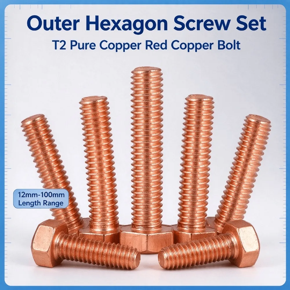 1Pc T2 Pure Copper Outer Hexagon Bolt, High Conductivity Red Copper Double Head Screw, Electrolytic Copper Conductive Fastener
