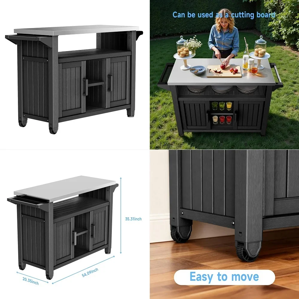 

Portable Outdoor Table with Stainless Steel Top Heavy Duty Resin BBQ Grill Cart amp Pizza Oven Stand AllWeather Kitchen Prep St