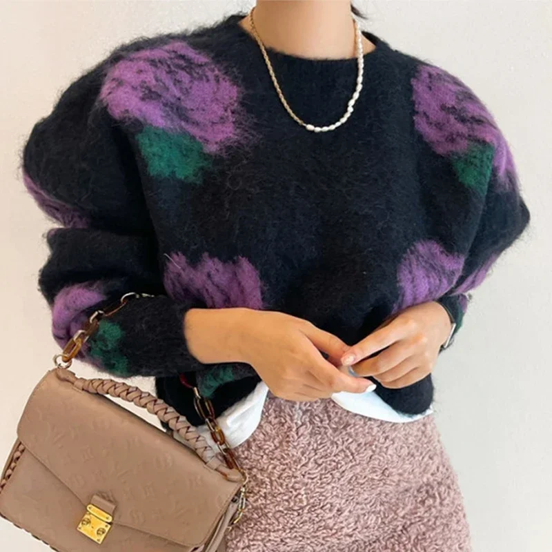 Thick Pullovers Mohair Flower Sweater Jumper Sueter Mujer Autumn Winter Oversized  Women Chic Fashion Knit Coat Top