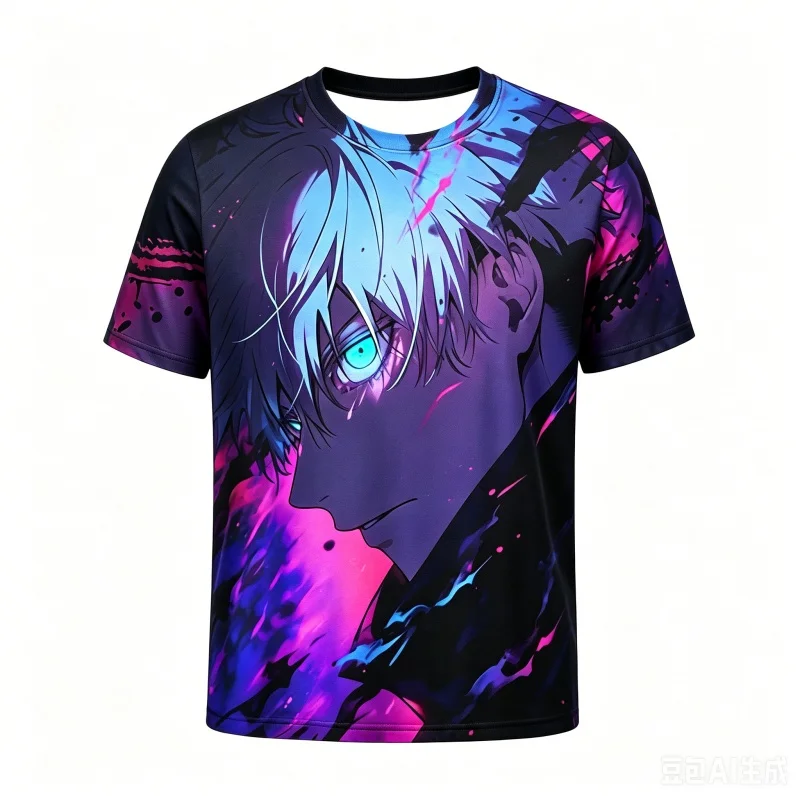 Jujutsu Battle Gojo Gojo Blue Flame Glowing Eye Print Purple Starlight and Pink Butterfly Anime Street Casual T-shirt