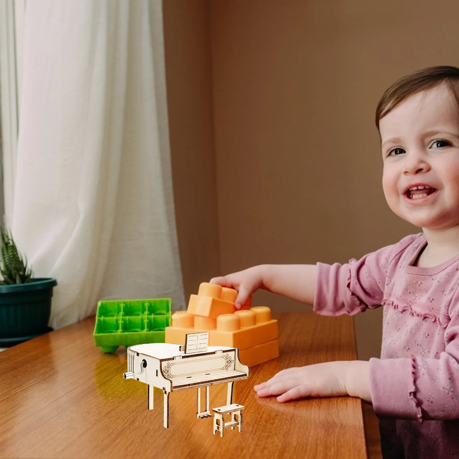 

Assembled DIY Hand Cranked Music Box Wooden Piano Design Desktop Ornament for Home Office Living Room Decorative Gift