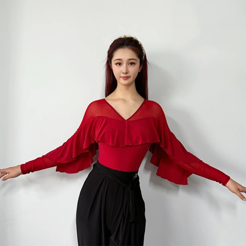 

Ballroom Dance Tops Long Sleeves V Neck Ruffled Bodysuit Adult Women Practice Clothing Rumba Waltz Tango Dance Clothes BL18887