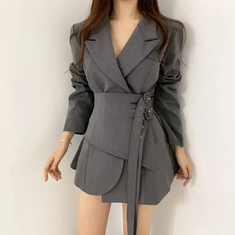 Premium Spring Double Belt Black Suit Coat Women Thin Irregular Fake Two Piece Waist Slimming A-line Short Suit Dress for Women