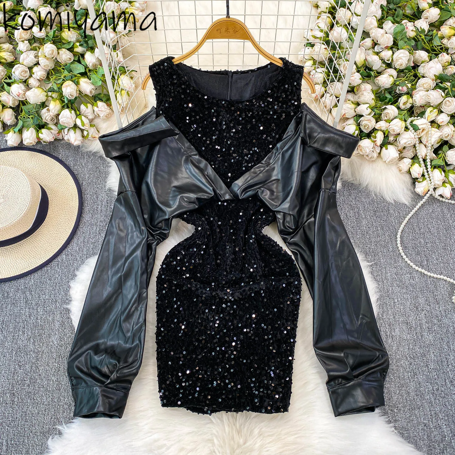 

Sequin Patchwork Vestidos Off Shoulder Long Sleeve Woman 2025 Dress Elegant Fashion Dresses High Waist Hip Robe Ropa Mujer